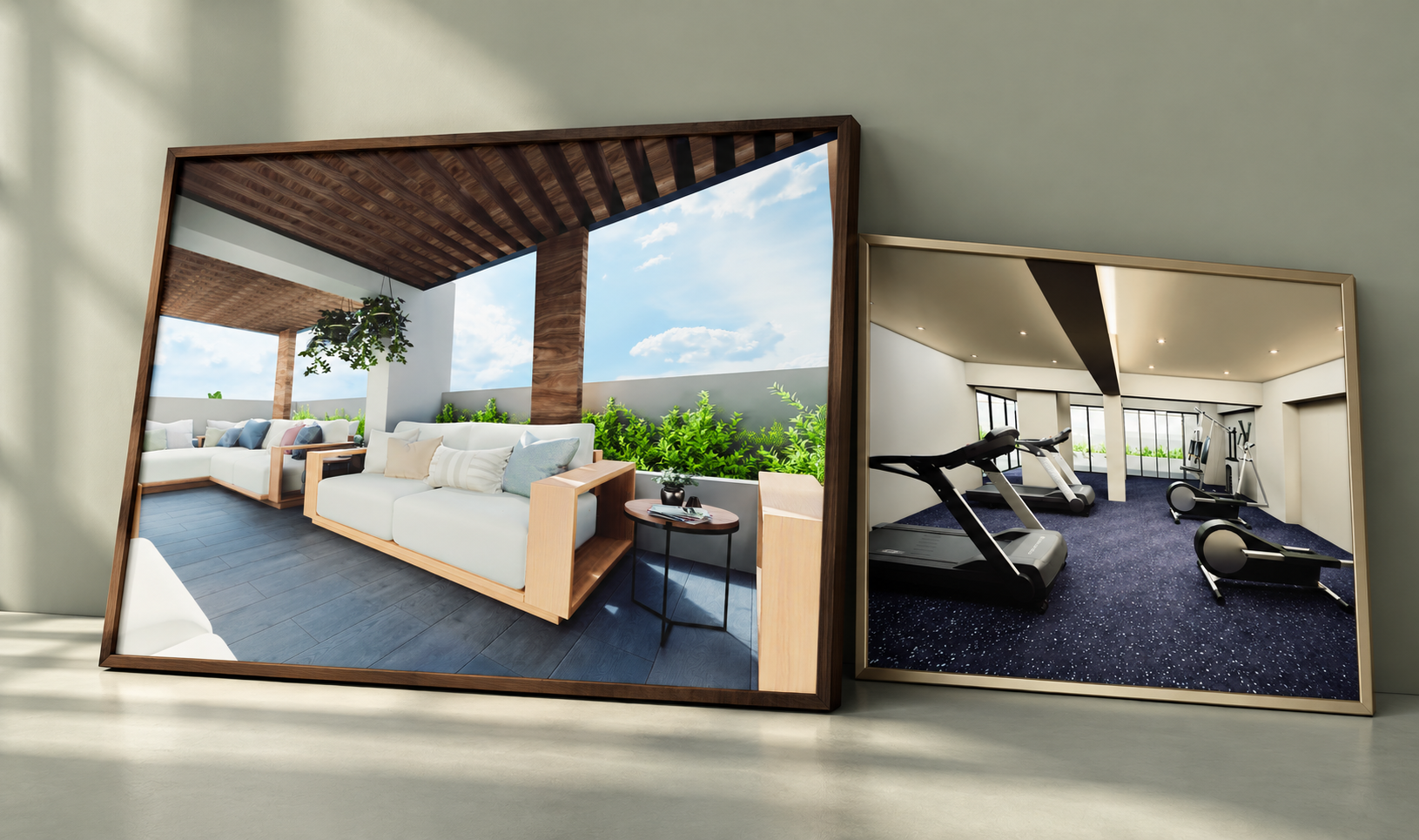 Cuadros de Legend Residencial con imágenes de la terraza lounge y el gimnasio