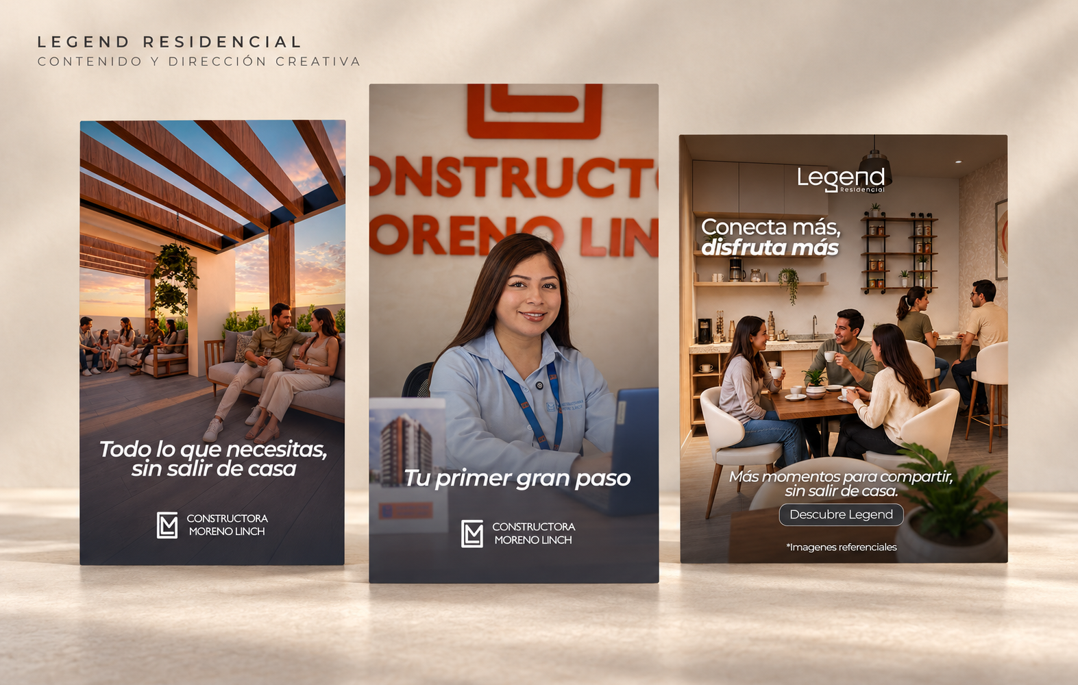 Tres publicaciones de Legend Residencial para redes sociales con escenas de sus espacios y atención comercial