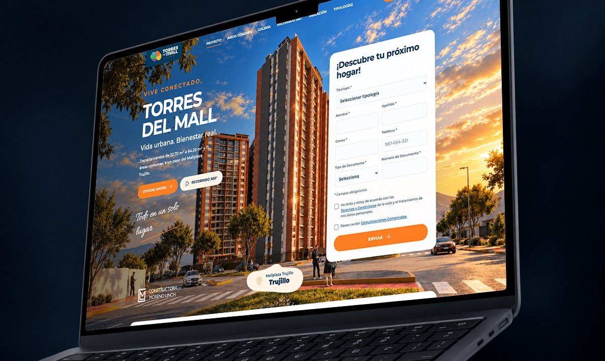 Sitio web de Torres del Mall presentado en una laptop