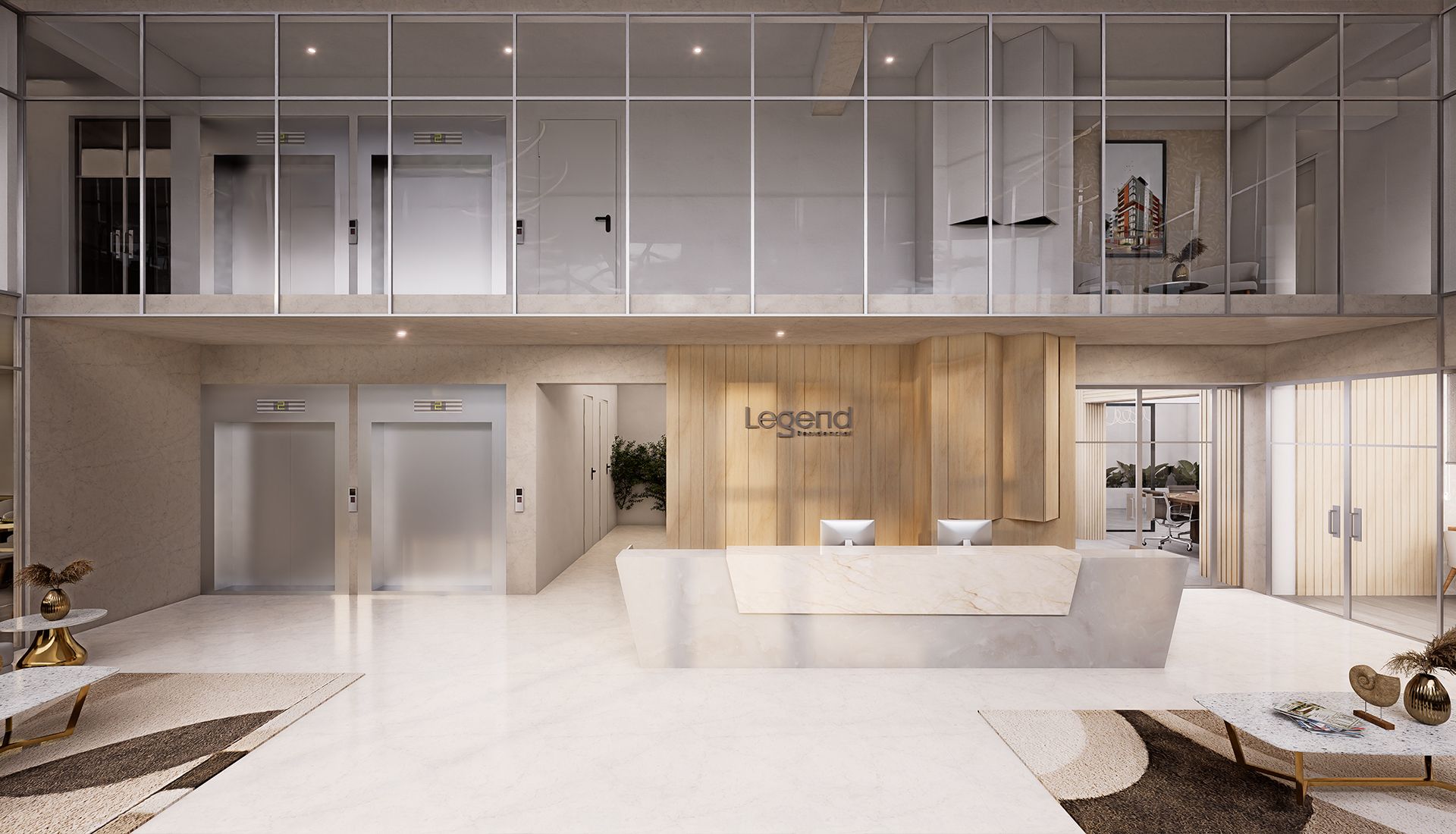 Lobby de Legend Residencial con recepción, ascensores y una doble altura acristalada