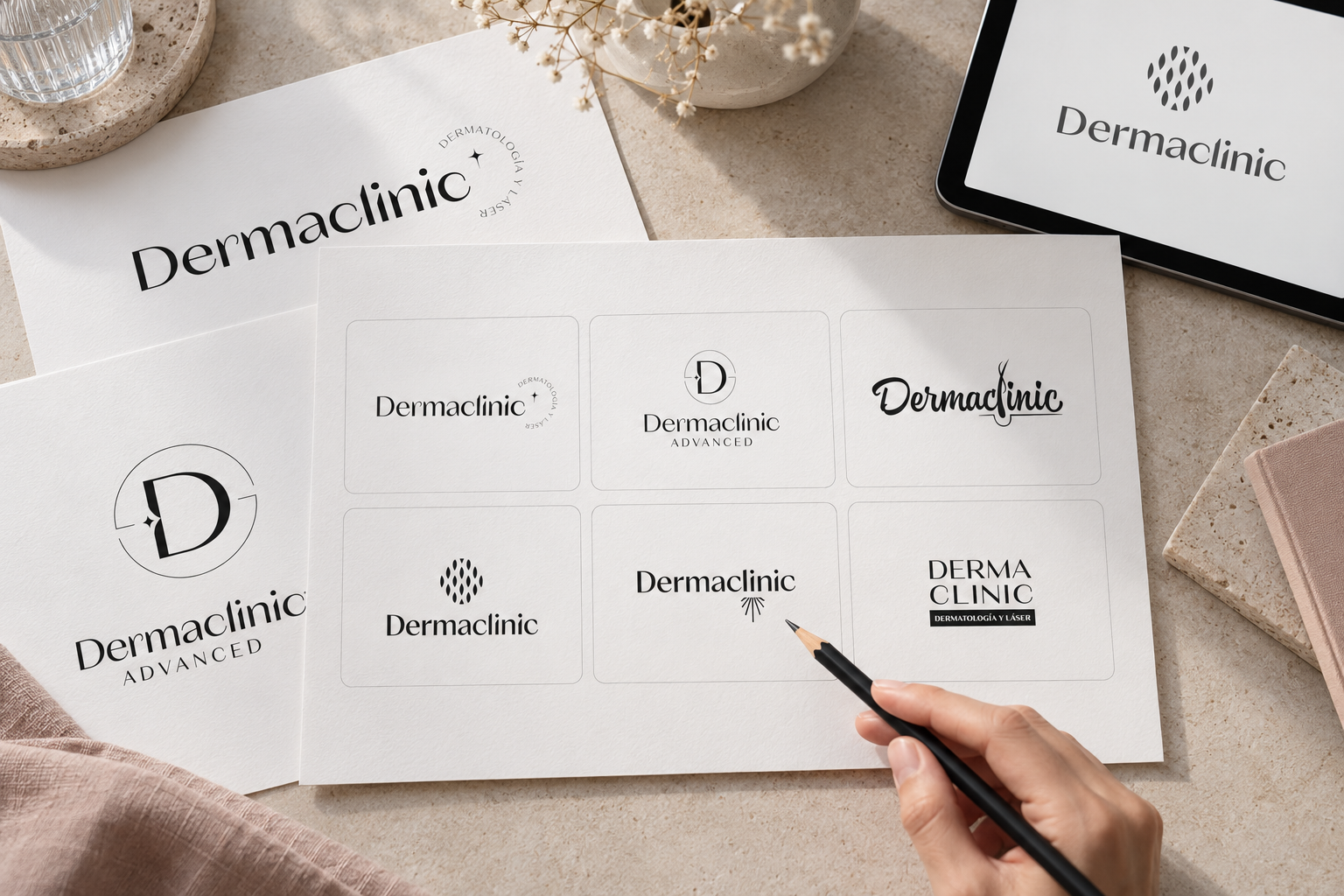 Mesa editorial con propuestas de logotipo de Dermaclinic en láminas impresas y una tableta