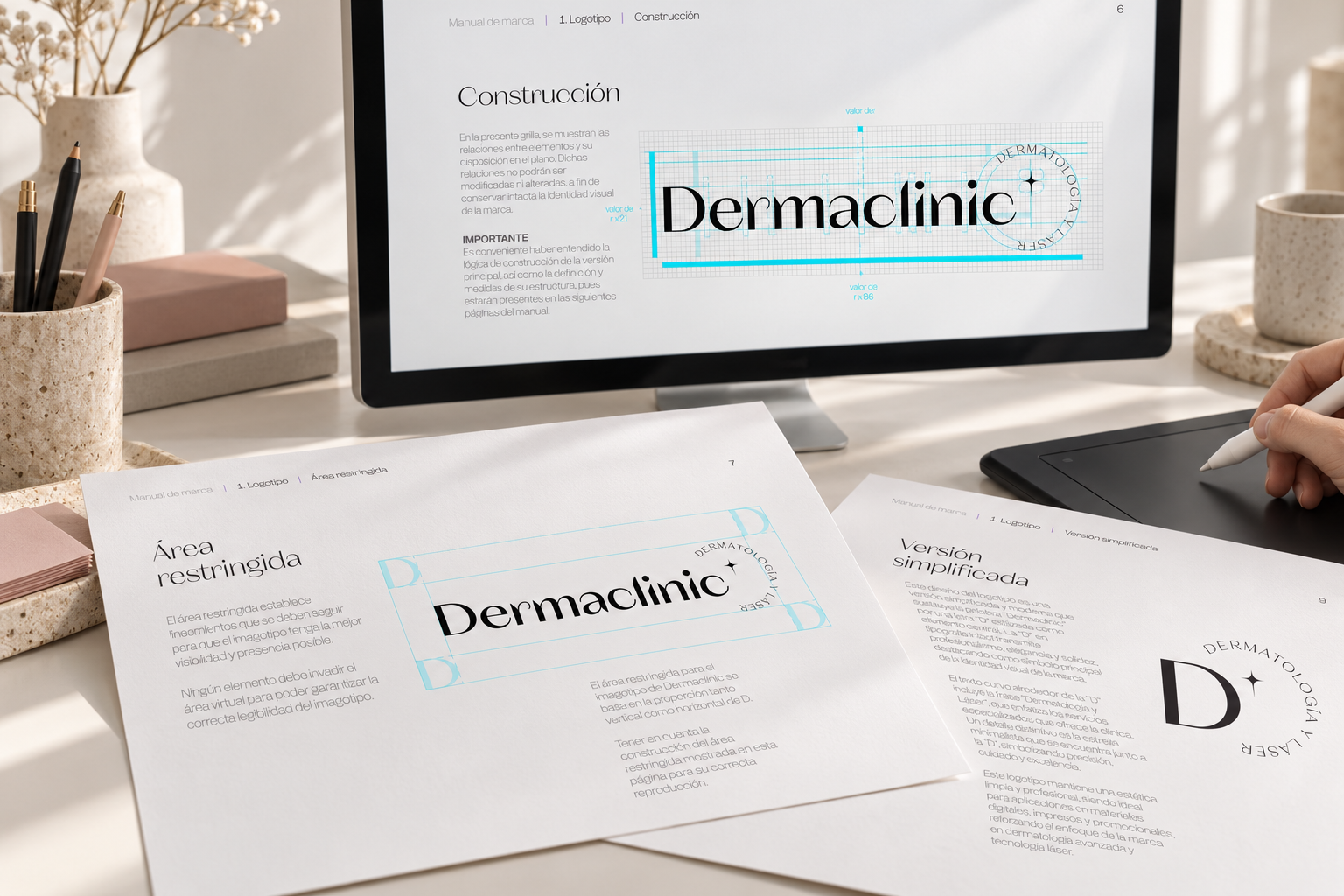 Estudio técnico de la identidad de Dermaclinic: construcción del logotipo, área restringida y versión simplificada