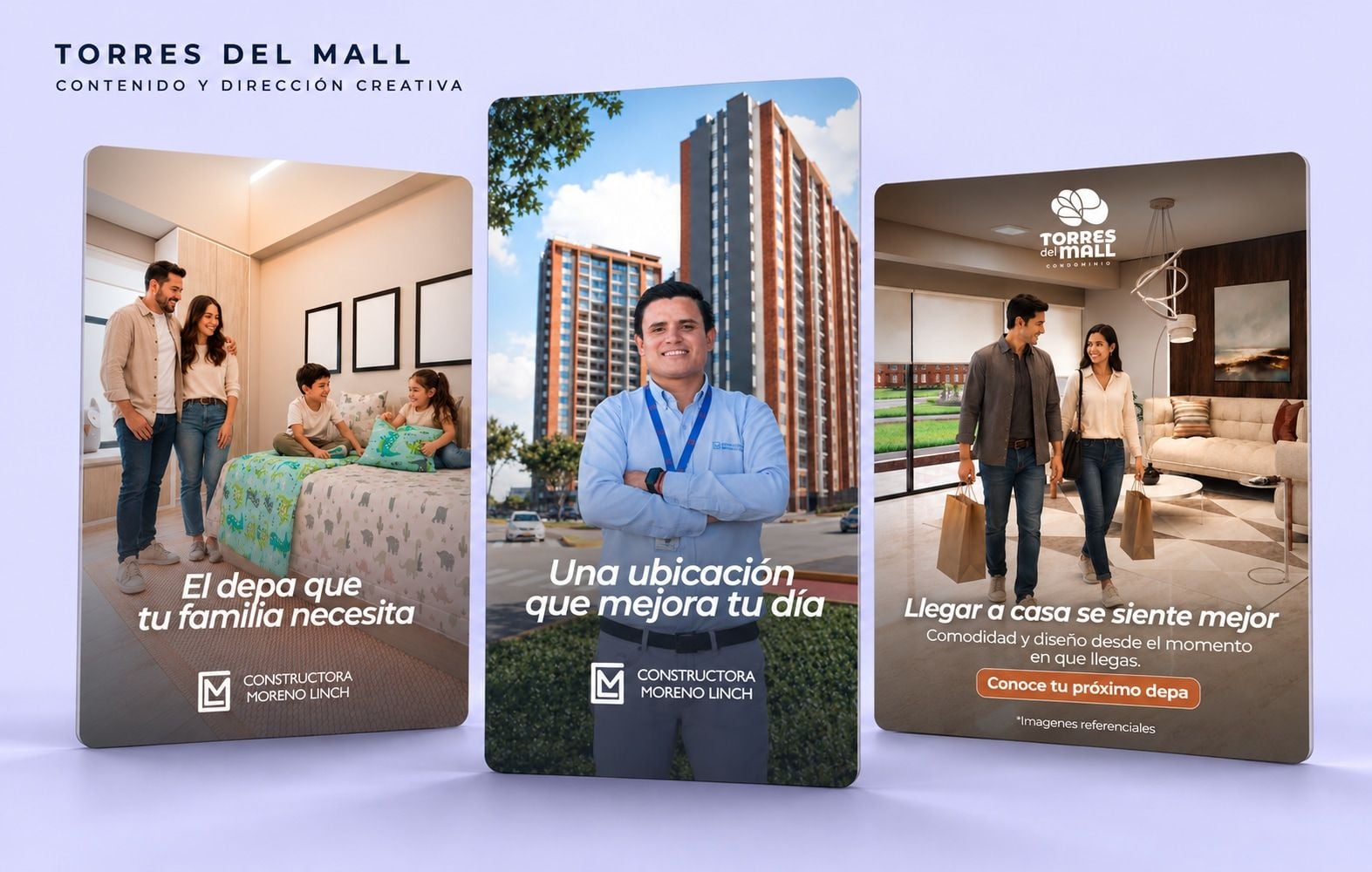 Campaña gráfica de Torres del Mall en tres piezas verticales