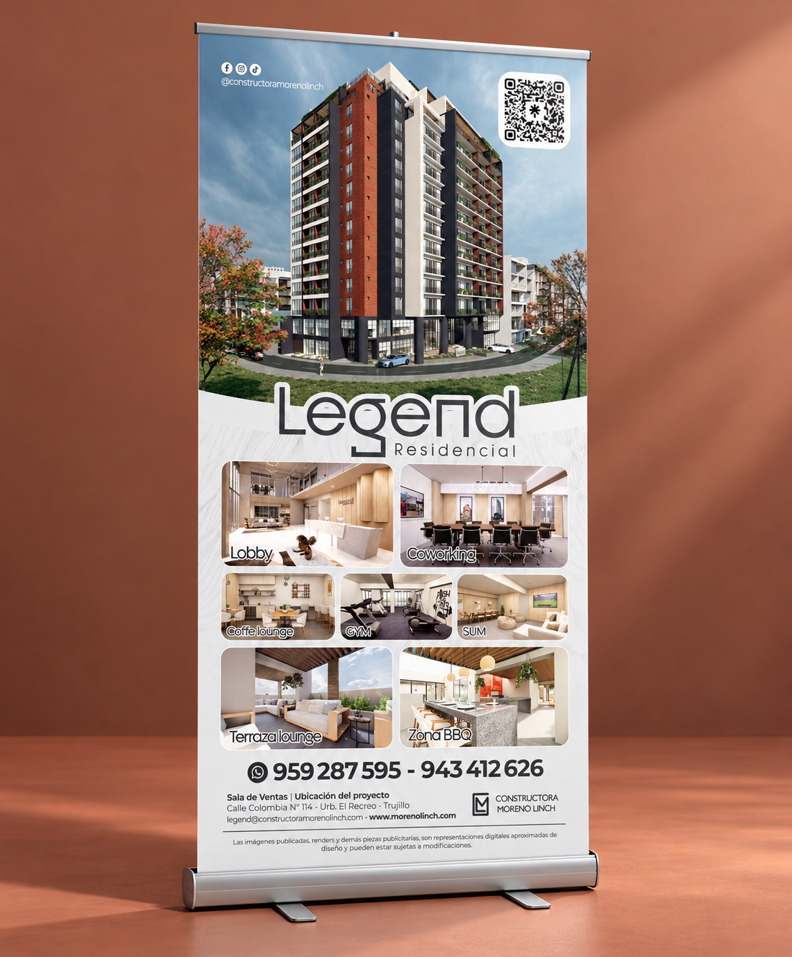 Roll screen de Legend Residencial con el edificio, sus áreas comunes y los datos de contacto