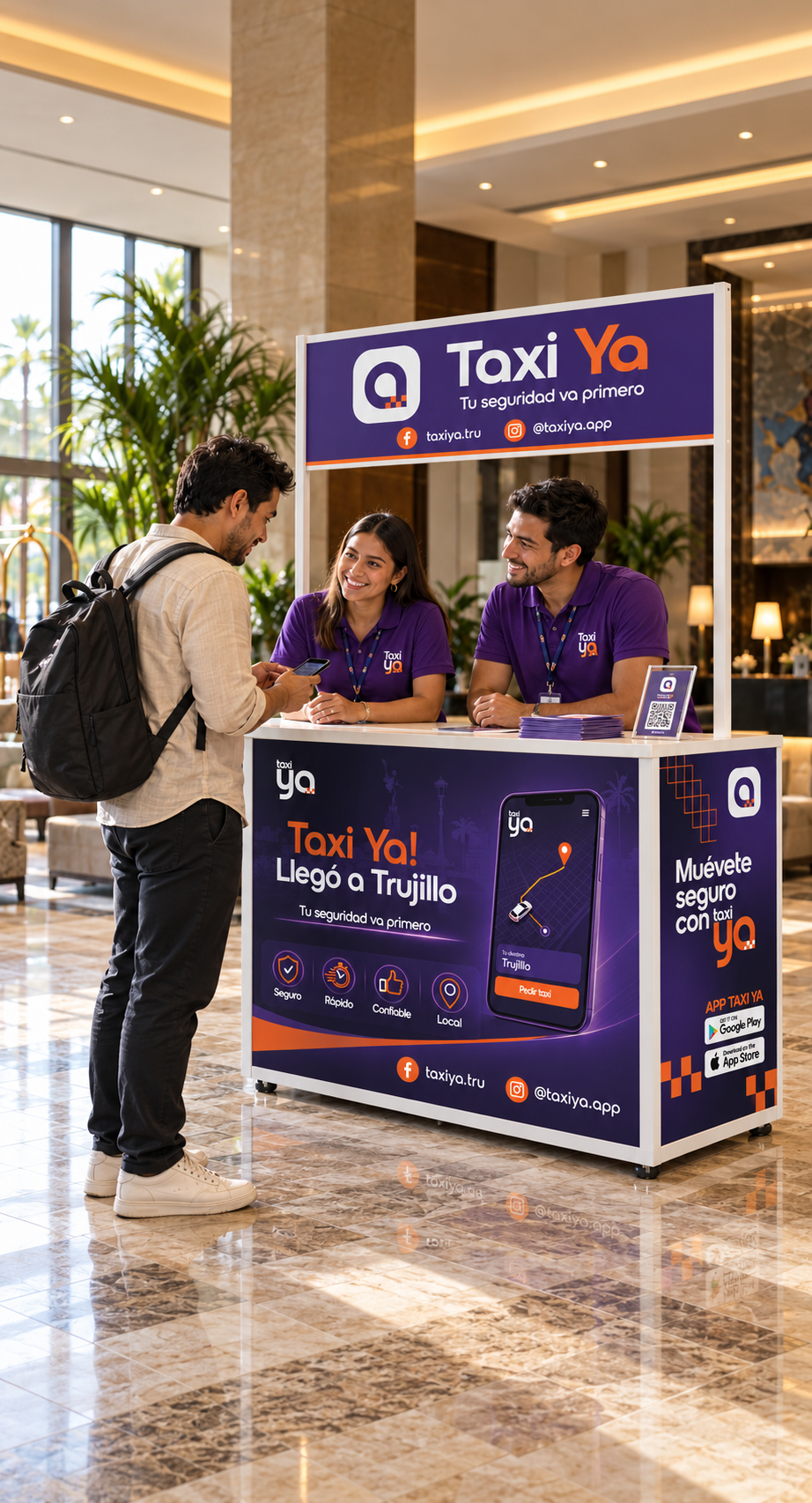 Kiosco de TaxiYa con atención al público en un lobby