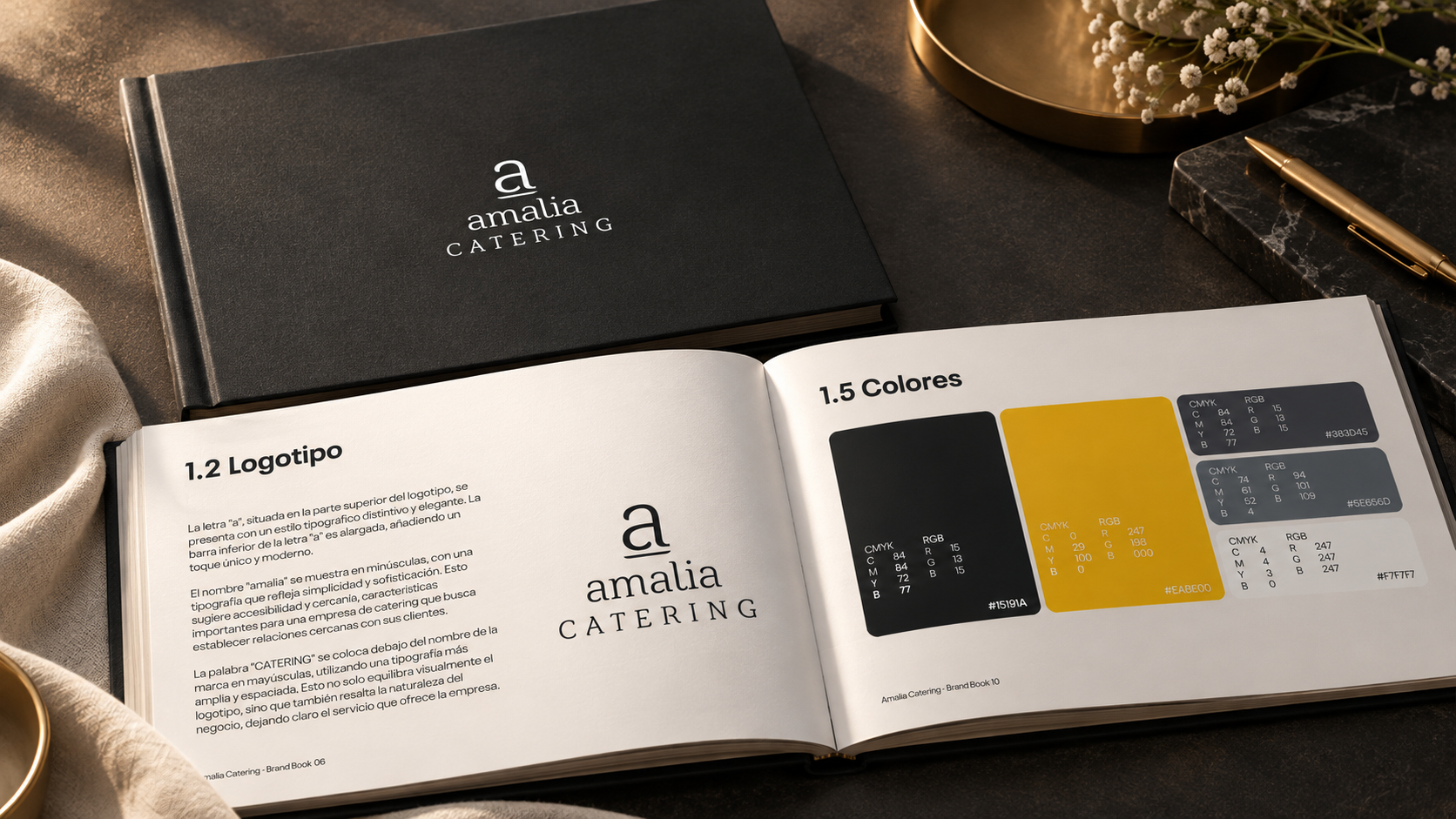 Brand book de Amalia Catering con logotipo y paleta cromática