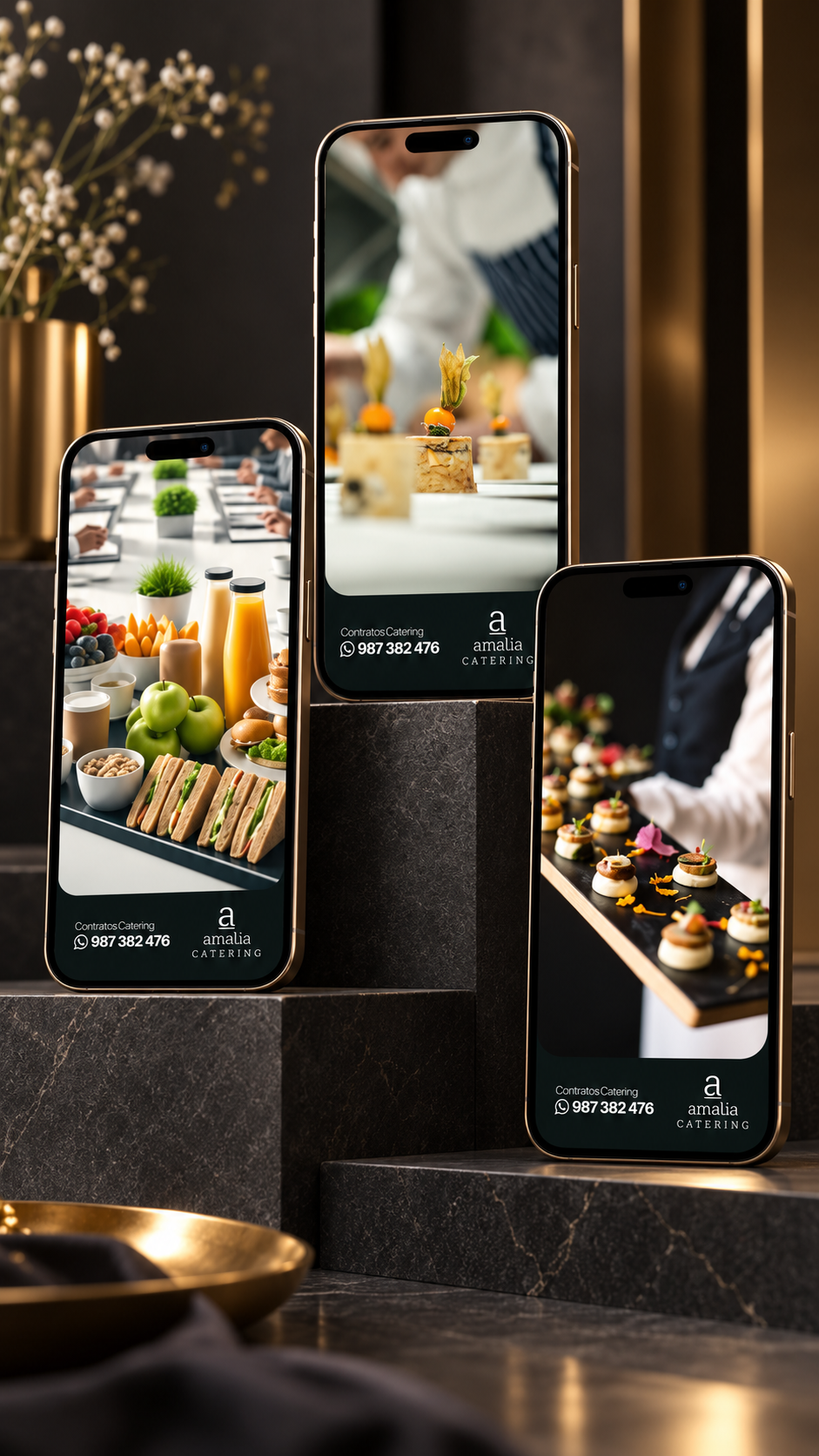 Contenido de Amalia Catering en tres teléfonos sobre pedestales