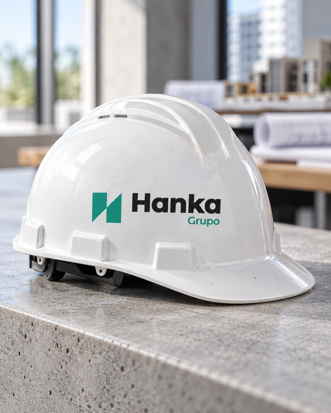 Casco Hanka sobre banco de piedra