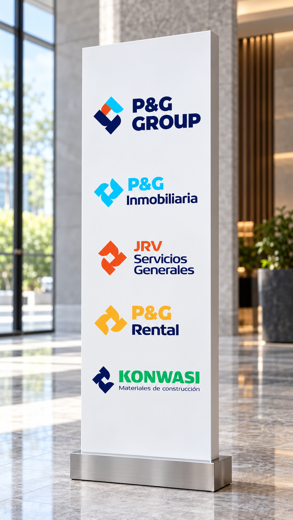 Tótem corporativo P&G en vestíbulo moderno