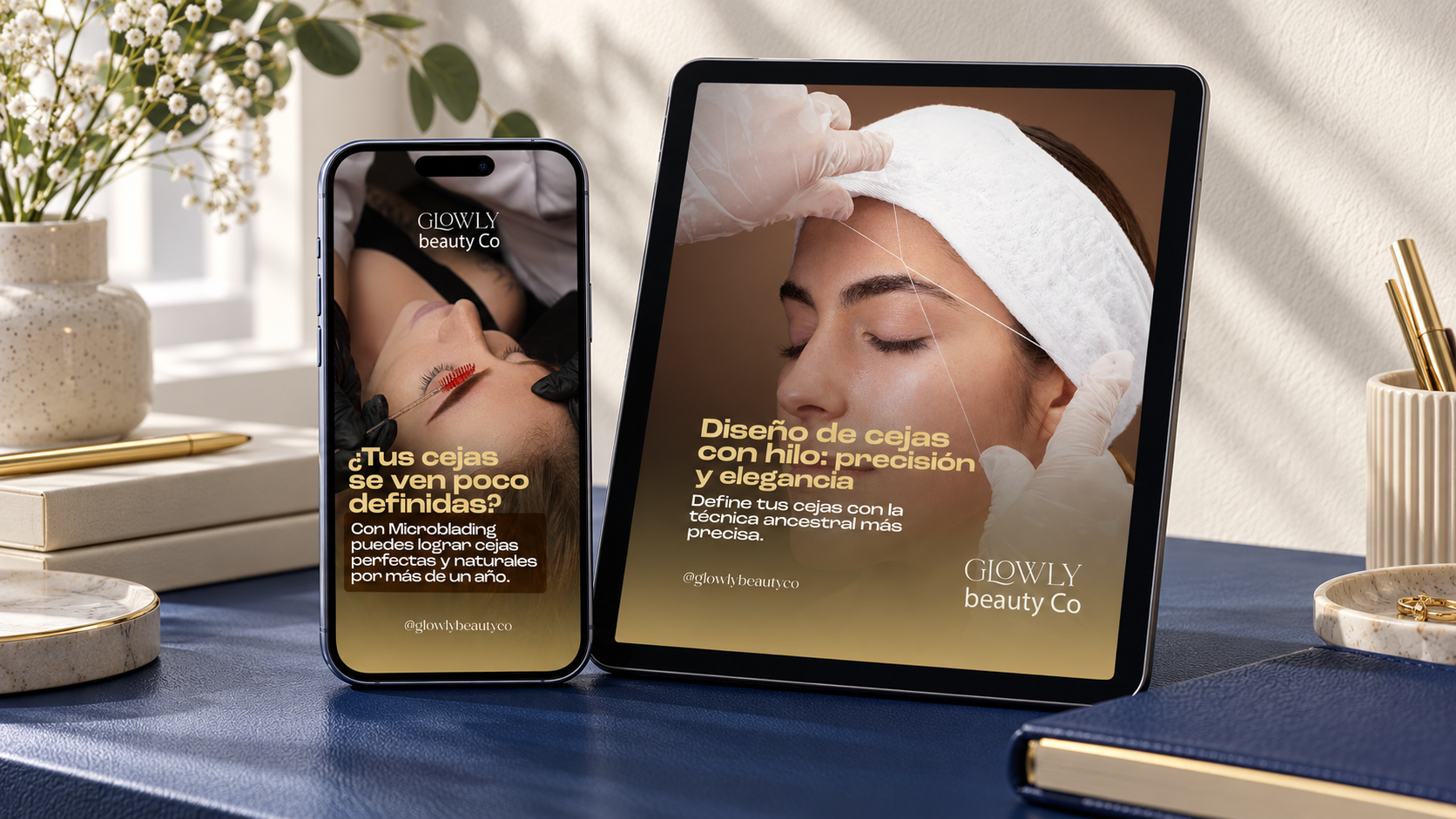 Campaña de Glowly presentada en teléfono y tableta
