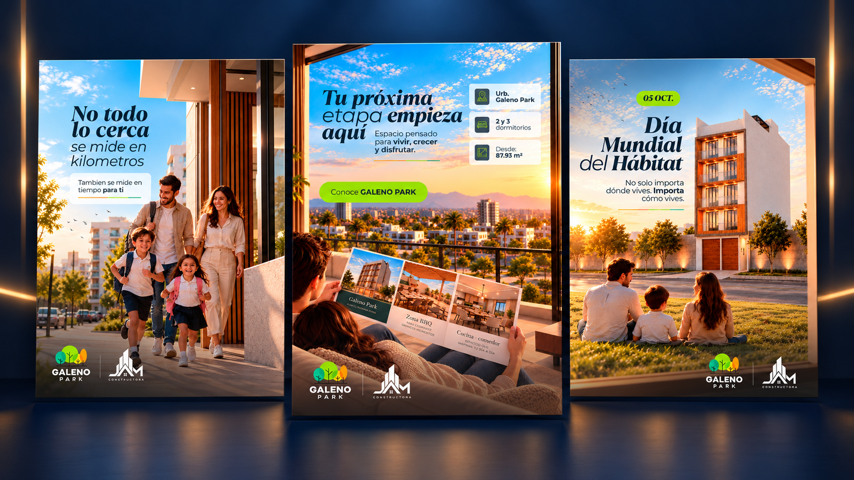 Tríptico digital premium en azul marino
