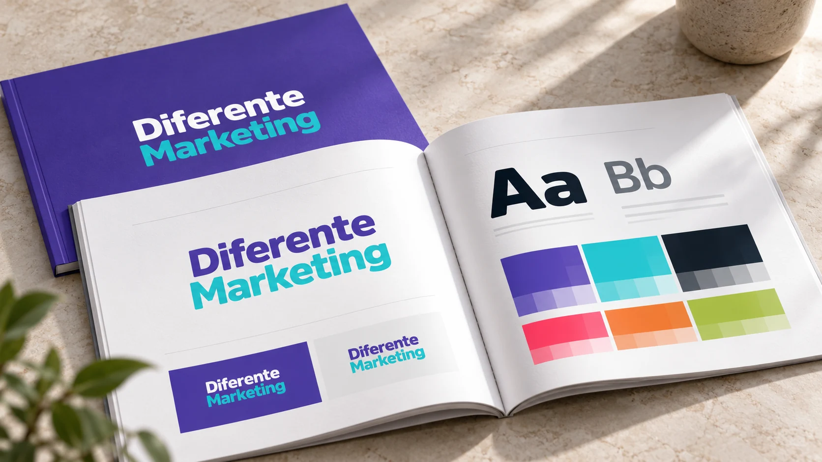 Manual de marca de Diferente Marketing con logotipo, colores y tipografía