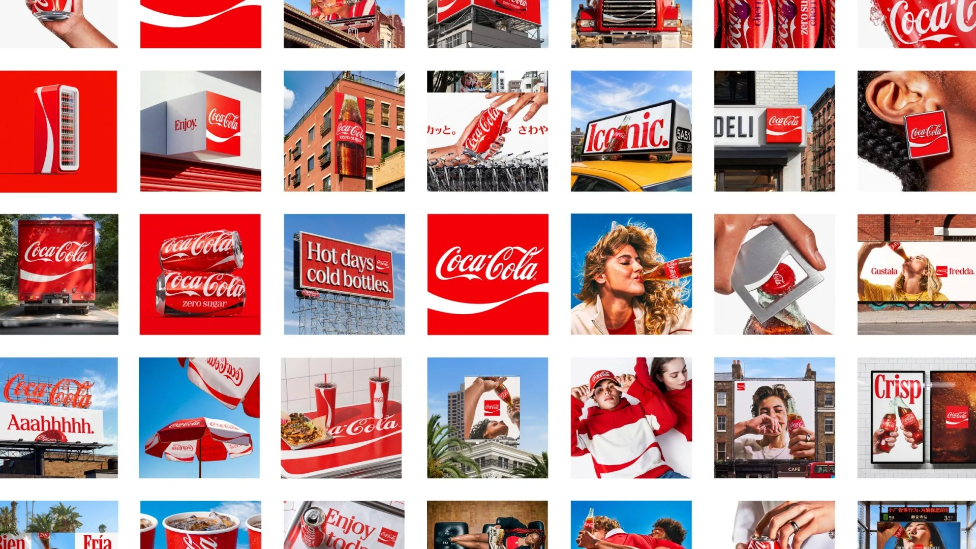 Mosaico de aplicaciones de la identidad de Coca-Cola en diferentes soportes.