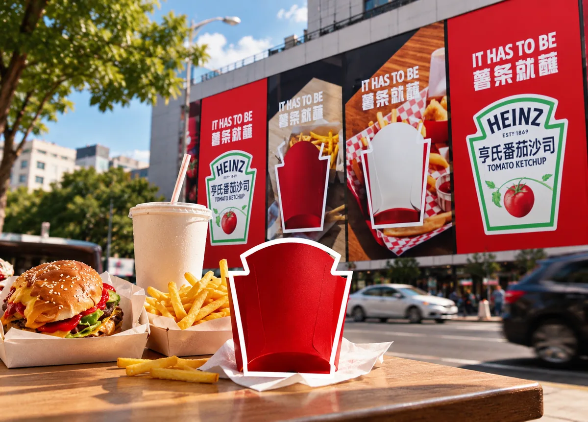 Una caja de papas fritas con el contorno de la etiqueta Heinz superpuesto.