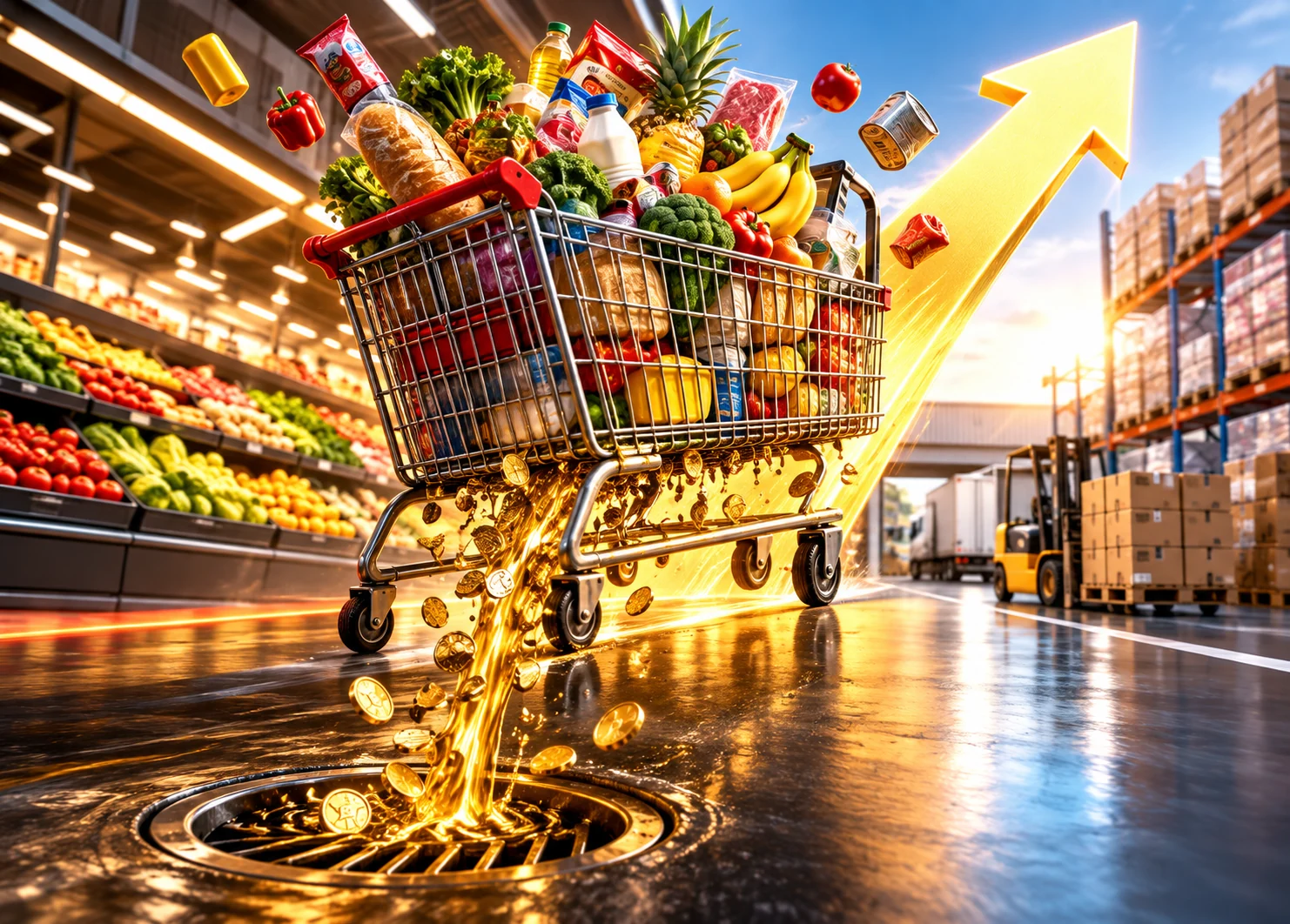Ilustración conceptual de un carrito de supermercado con productos y una flecha ascendente.