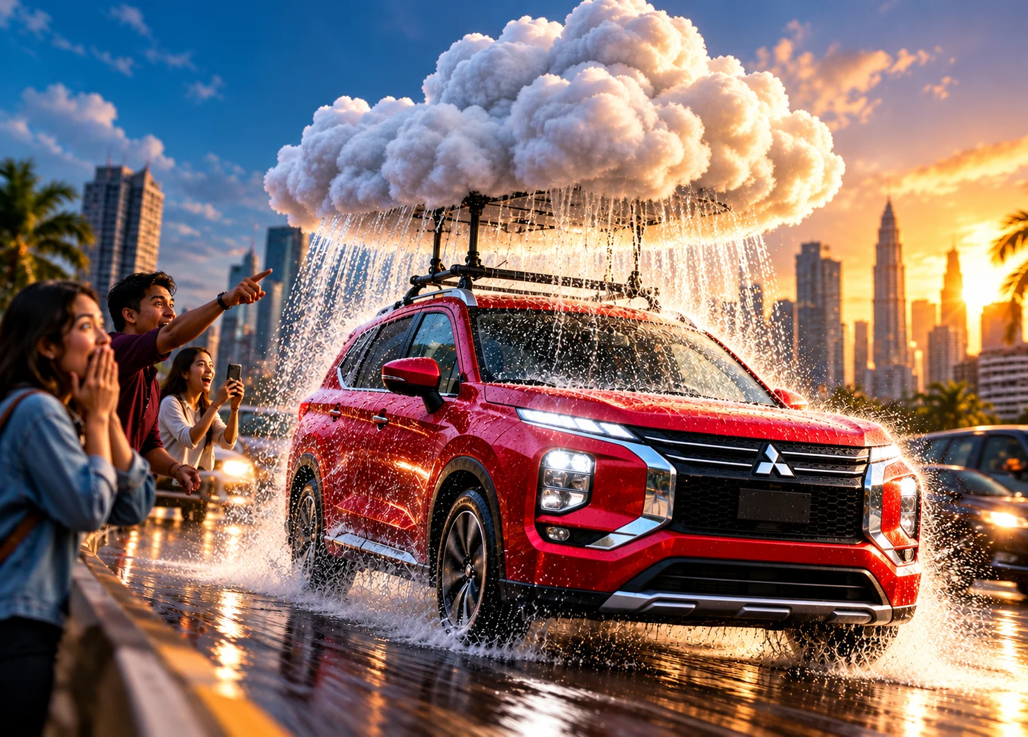 Ilustración conceptual de un Mitsubishi Xforce bajo una nube artificial de lluvia en una ciudad.