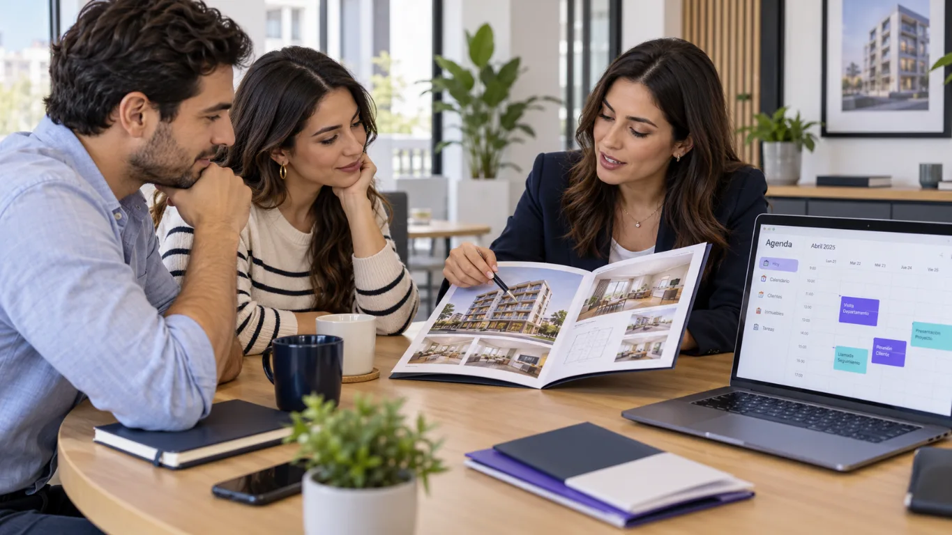 Reunión comercial con folleto inmobiliario