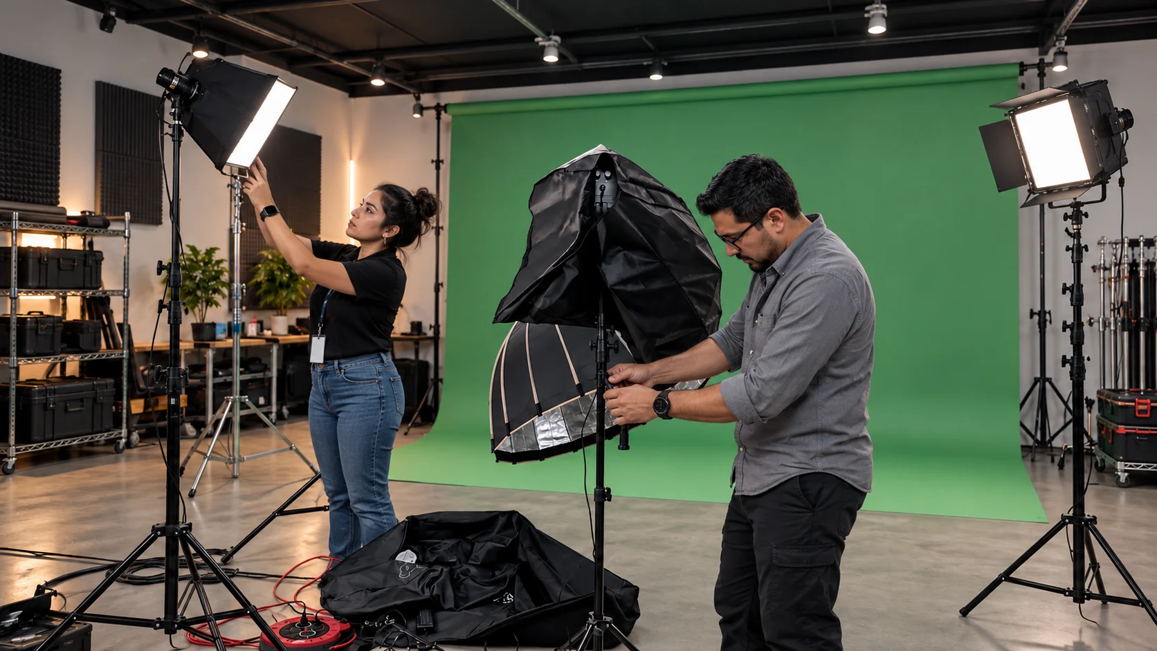Preparación de iluminación y equipos en un estudio audiovisual