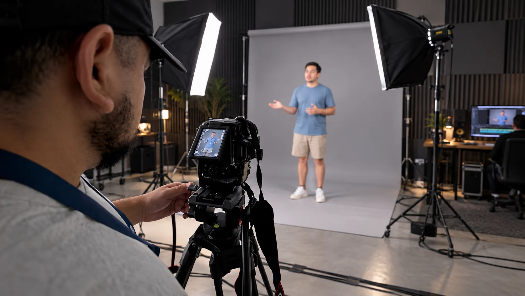 Producción de video con cámara, iluminación y presentador